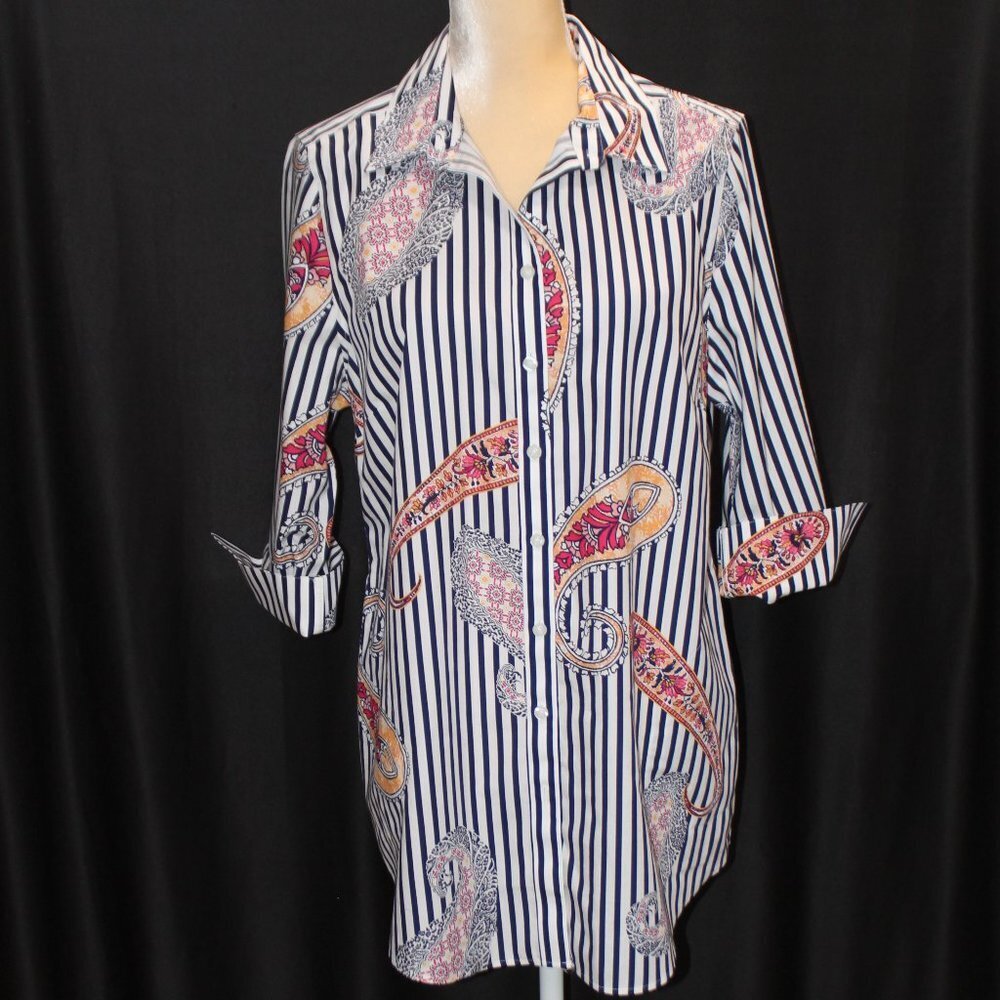 Chico's Navy Strip and Paisley Print Top with 3/4 Sleeve